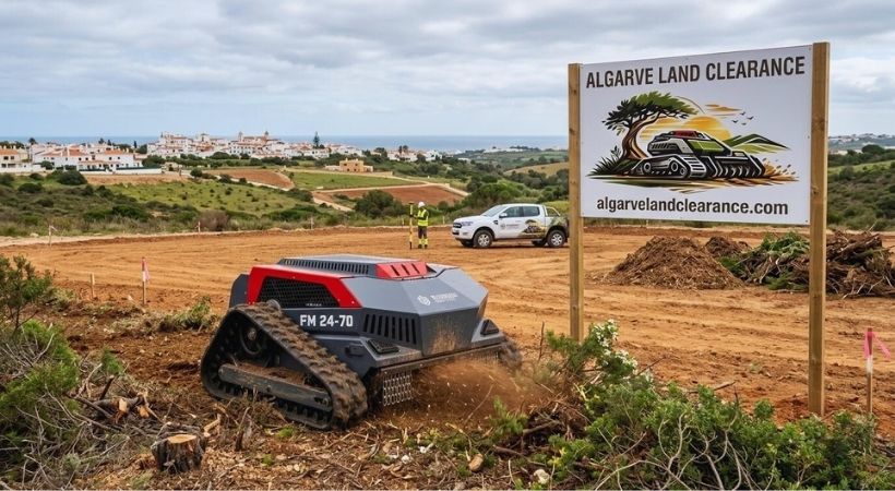 Bluebird FM24-70 remote-controlled brush cutter clearing dense vegetation in the Algarve
