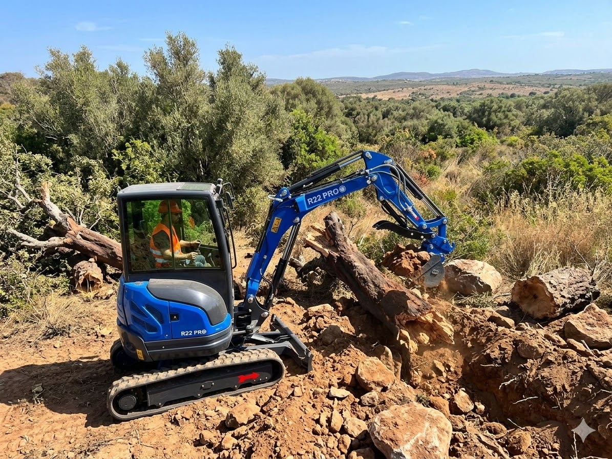 R22 PRO excavator performing fire compliance vegetation clearing and stump removal in Algarve
